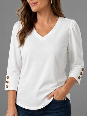 Xieerduo White V-Neck Shirt Short Sleeve Small Womens 3/4 Sleeves Button Cuffs